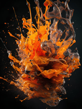 Splash of orange water on black background. 3d rendering, 3d illustration.の素材