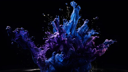 Blue and purple paint splash isolated on black background. 3d renderingの素材