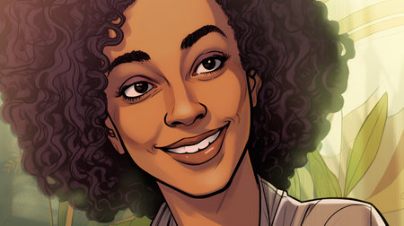 Portrait of a beautiful African American woman with curly hair. Vector illustration.の素材