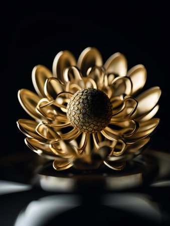 Golden flower on a black background. 3d rendering, 3d illustration.の素材