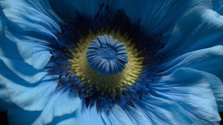 Close up of a blue anemone flower with a yellow centerの素材