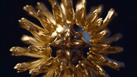 Golden snowflake on a black background. 3d render illustration.の素材