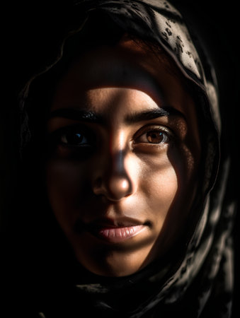 Portrait of a young muslim woman in a veil on a dark backgroundの素材