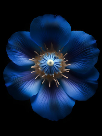 Blue flower isolated on black background. Close-up. Nature.の素材