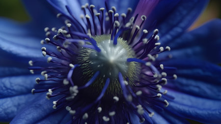 Macro of a blue flower with a stamens and pollenの素材