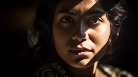 Portrait of a beautiful asian woman with dark background, close upの素材