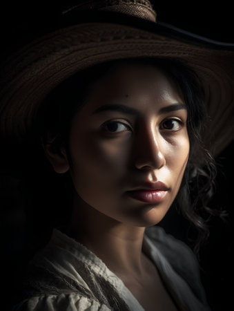 Portrait of a beautiful Asian woman wearing hat in the dark.の素材