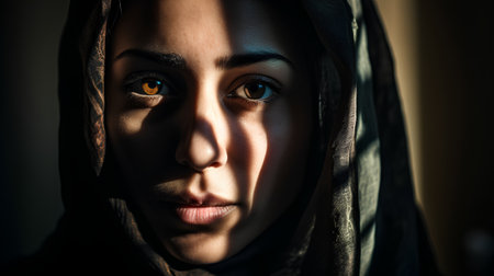 Close up portrait of a young muslim woman with veil over her faceの素材
