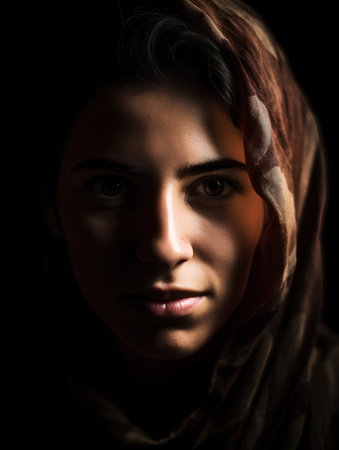 Portrait of a beautiful young woman in a veil on a black backgroundの素材