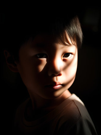 Portrait of a little asian boy on dark background, shallow depth of fieldの素材