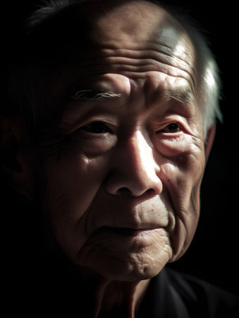 Portrait of an elderly man in a dark background. Selective focus.の素材