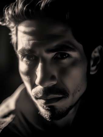 Portrait of a handsome man in a black and white photo.の素材