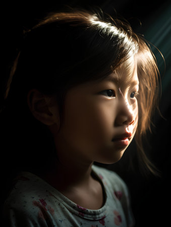 Portrait of a little asian girl on black background with light raysの素材