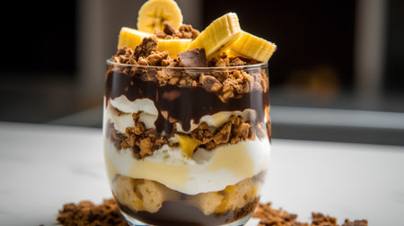 Greek yogurt parfait with banana and chocolate in a glass.の素材