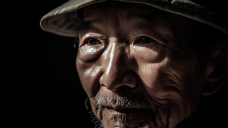 Portrait of an elderly asian man in a hat on a black backgroundの素材
