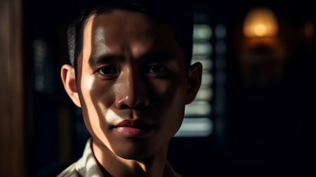 Portrait of a handsome asian man in the evening light.の素材