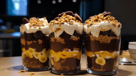 Chocolate mousse with banana and whipped cream in a tall glassの素材