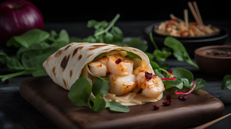 Tortilla wrap with grilled scallops, arugula and pomegranate seedsの素材
