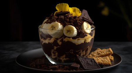 Chocolate dessert with banana and chocolate chips in glass on dark backgroundの素材