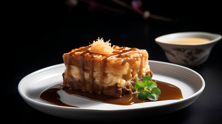 Delicious caramel cake on a black background. Selective focus.の素材