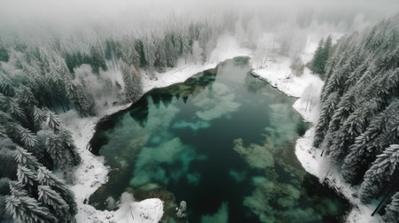 Aerial view of a forest lake in winter with snow covered treesの素材