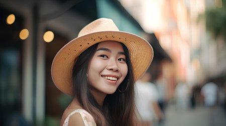 Portrait of beautiful asian woman wearing hat in the city.の素材