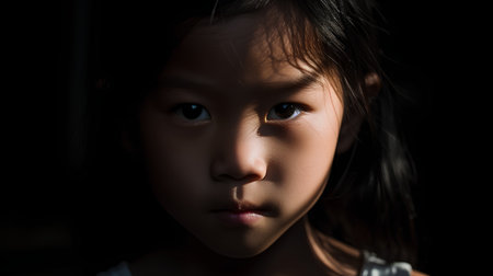 Portrait of a beautiful little asian girl in the dark.の素材