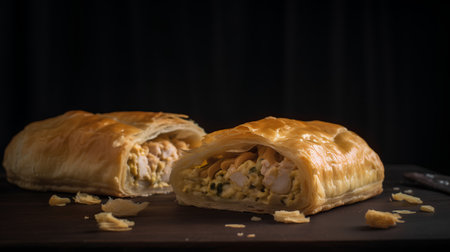Puff pastry stuffed with salmon and cheese on a dark background.の素材