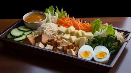 Bento lunch box with fresh vegetables, tofu, boiled egg and sauceの素材