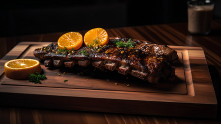 Grilled pork ribs with orange and dill on a wooden boardの素材