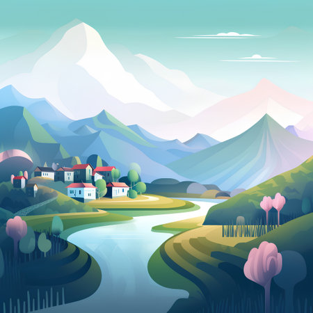 Mountain landscape with river and houses in flat style. Vector illustration.の素材