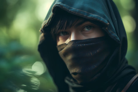 Portrait of a beautiful young woman with dark hair in a black hood.の素材