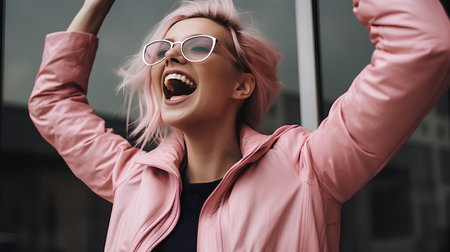 Portrait of a beautiful young woman in pink jacket and sunglasses.の素材