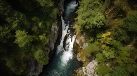 Aerial view of waterfall in the forest. Top view from droneの素材