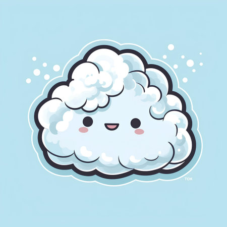 Cute cloud kawaii cartoon character. Vector illustration on blue background.の素材