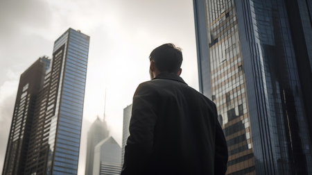 Businessman looking at the skyscrapers in the city. Business conceptの素材