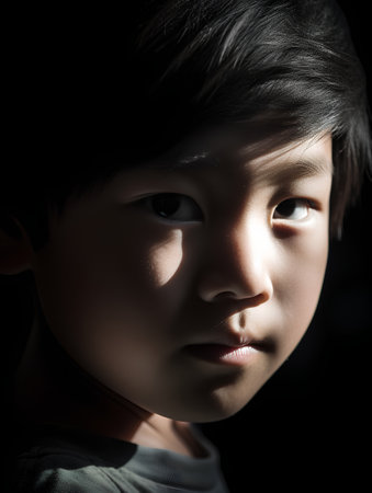 Portrait of a little asian boy in the dark. Black background.の素材