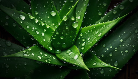 Aloe vera plant with drops of water on dark background.の素材