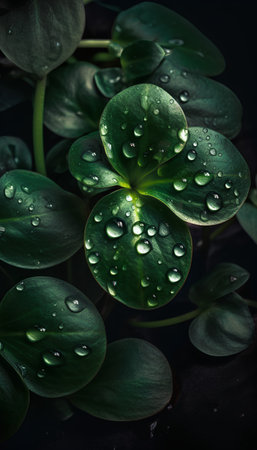 Green leaves of clover with water drops on a dark background.の素材