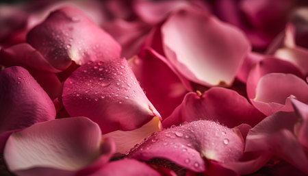 Beautiful pink rose petals with water drops close-up macro photographyの素材