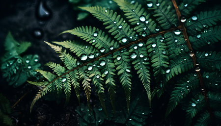 Green fern leaves with water drops. Natural background. Selective focus.の素材