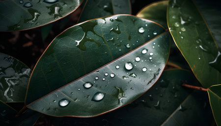 Close up of water drops on green leaves background. Nature concept.の素材