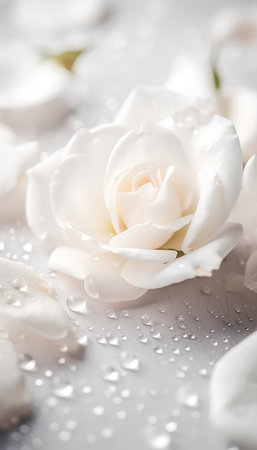 Beautiful white rose with drops of water on a light background.の素材