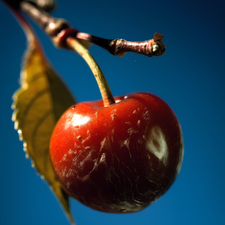 Red cherry on a branch with yellow leaves on a blue background.の素材