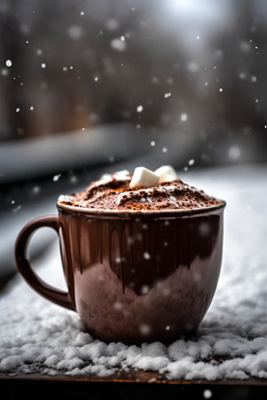 Cup of hot chocolate with marshmallows on snow background.の素材