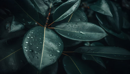Beautiful green leaves with water drops. Nature background. Toned.の素材