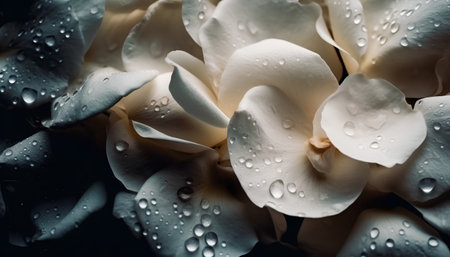 Beautiful white rose with dew drops close-up macro photographyの素材