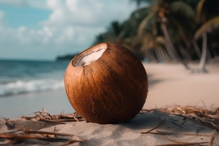 Coconut on the beach with a palm tree in the backgroundの素材
