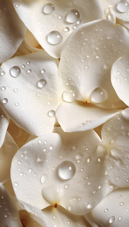 White petals of hydrangea with water drops closeupの素材