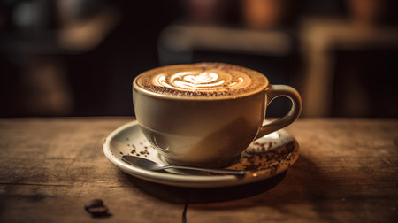 Coffee cup with latte art on wooden table in coffee shopの素材